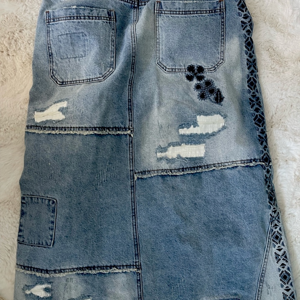 Free people patch long denim skirt.